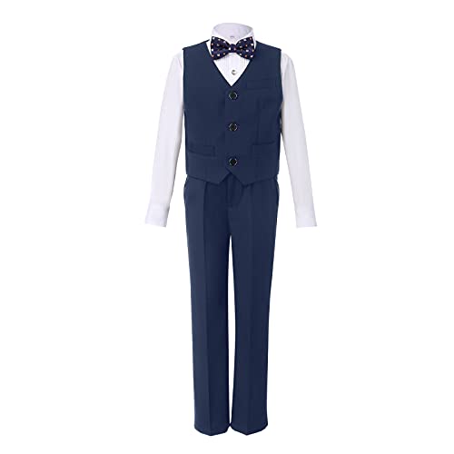 4 Teiliges Anzug Set für Kinder Jungen Gentleman Smoking Hochzeit Festlich Kinderanzug Taufe Formal Bekleidung Langarm Hemd Weste Hosen Fliege Freizeitkleidung für Frühling Herbst Marineblau 5-6J von FYMNSI