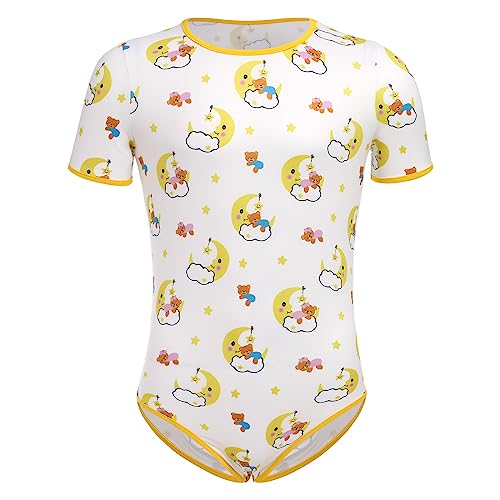 ABDL Body M?nner Herren Overall Bodysuit Baby Einteiler f?r Windelliebhaber Kurzarm T-Shirt Unterhemd Druckkn?pfe im Schritt Karikatur Gedruckt Jumpsuit Playsuit Unterw?sche Schlafanzug Mond B?r L von FYMNSI