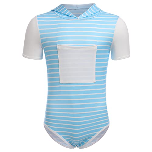 ABDL Body Männer Herren Overall Kapuze Hoodie Bodysuit Kurzarm T-Shirt Unterhemd Ouvert Männer Sportbody Druckknöpfe im Schritt Einteiler Jumpsuit Playsuit Unterwäsche Nachthemd Blau Gestreift M von FYMNSI