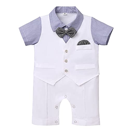 Baby Anzug Junge Hochzeit Neugeborenes Overall Bodysuit Strampler Gentleman Smoking Fliege Kurzarm Einteiler Formal Jumpsuit Kleinkinder Taufanzug Festliche Festanzug Sommer Blau Gestreift 0-3 Monate von FYMNSI