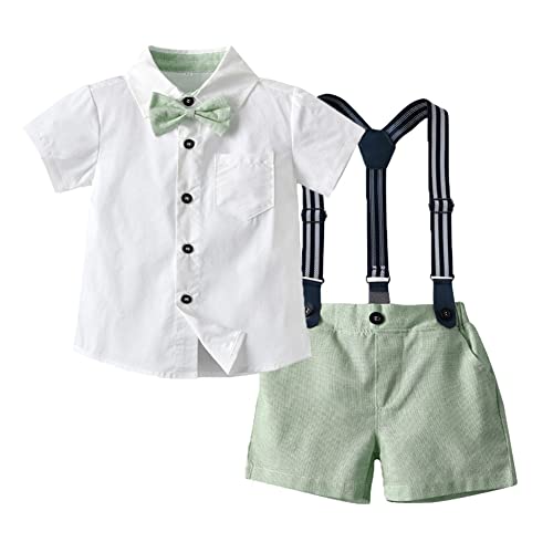 Baby Jungen Festlich Anzug Set Kleinkinder Gentleman Outfit Taufanzug Kinder Sommer Kurzarm Hemd mit Fliege + Hosenträger + Shorts 4tlg Bekleidung für Hochzeit Geburtstag Party Taufe Grün 2-3 Jahre von FYMNSI