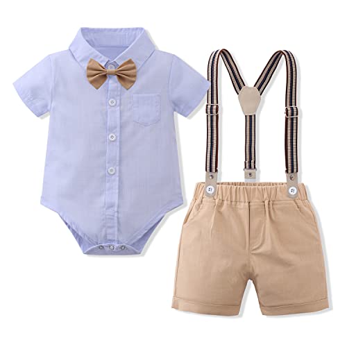 Baby Jungen Gentleman Anzüge Kleinkinder Kurzarm Fliege Shirt Strampler Hosenträger Shorts Overall Festlich Festanzug Taufe Hochzeit Formal Abend Sommer Bekleidungsset Taufanzug Blau + Khaki 6-9M von FYMNSI