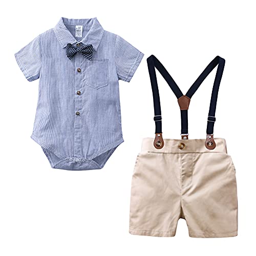 Baby Jungen Gentleman Anzüge Kleinkinder Kurzarm Fliege Shirt Strampler Hosenträger Shorts Overall Festlich Festanzug Taufe Hochzeit Formal Sommer Bekleidungsset Taufanzug Blau Streifen + Khaki 6-9M von FYMNSI