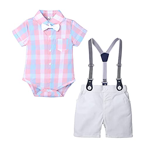 Baby Jungen Gentleman Anzüge Kleinkinder Kurzarm Fliege Shirt Strampler Hosenträger Shorts Overall Festlich Festanzug Taufe Hochzeit Formal Sommer Bekleidungsset Taufanzug Rosa Plaid 18-24 Monate von FYMNSI