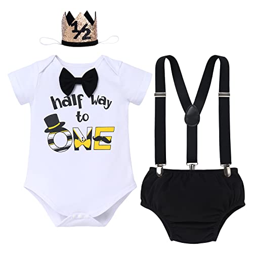 Baby Jungen Halber 1/2. Geburtstag Outfit Baumwolle Kurzarm Body Strampler Hosenträger Shorts Mini Krone Hut Fotoshooting Kostüme 6 Monate Party Cake Smash Bekleidungsset Schwarz - Half Way To One von FYMNSI