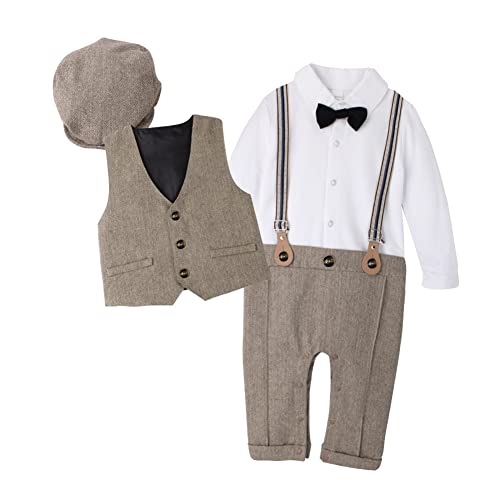 Baby Jungen Smoking Anzug Jumpsuit Gentleman Fliege Langarm Strampler Weste Hut Bekleidungsset Kleinkinder Taufe Hochzeit Festlich 1. Geburtstag Party Frühling Herbst Babykleidung Braun 18-24 Monate von FYMNSI