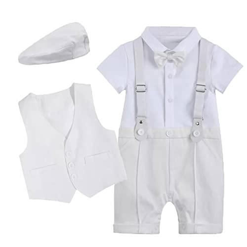 Baby Jungen Taufanzug Smoking Anzug Jumpsuit Gentleman Fliege Kurzarm Strampler Weste Hut 3tlg Bekleidungsset Kleinkinder Taufe Hochzeit 1. Geburtstag Party Sommer Babykleidung Weiß 18-24 Monate von FYMNSI