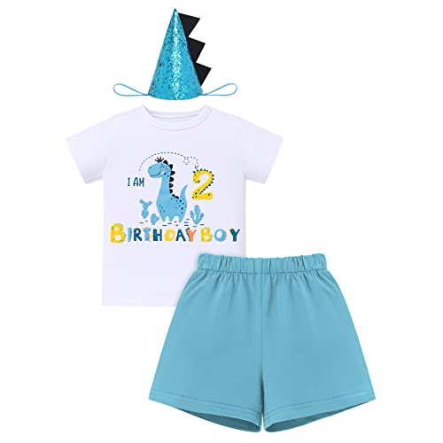 Baby Jungen Zweiter 2. Geburtstag Outfit Dinosaurier Thema 2 Jahre Party Cake Smash Ich Bin 2 Baumwolle Kurzarm T-shirt Top Shorts Stirnband Bekleidungsset Wild One Fotoshooting Sommer Blau 2 Jahre von FYMNSI