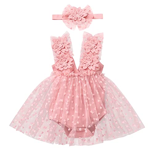 Baby Kleid 1 Geburtstag Mädchen Outfit Taufkleid Prinzessin Tüllrock mit Stirnband Ärmellos Bodykleid Strampler Kleinkinder Partykleid Festkleid Bekleidungssets Neugeborene Fotoshooting Rosa 18-24M von FYMNSI