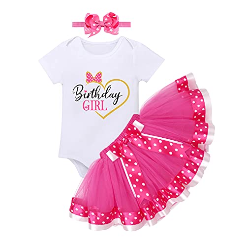 Baby Kleinkinder Mädchen 1/2. 1. 2. Geburtstag Outfit Baumwolle Kurzarm Strampler Body Gepunktet Tutu Tüll Prinzessin Rock Stirnband 3tlg Party Bekleidungsset Rose 2 Jahre von FYMNSI