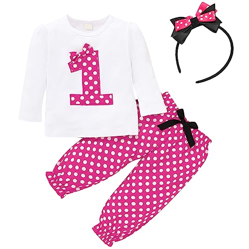 FYMNSI Baby Kleinkinder Mädchen 1. Erster Geburtstag Minnie Kostüm Outfit Retro Gepunktet Baumwolle Langarm Top T Shirt + Lange Hosen + Stirnband 3tlg Bekleidungsset Rose 12-18 Monate von FYMNSI