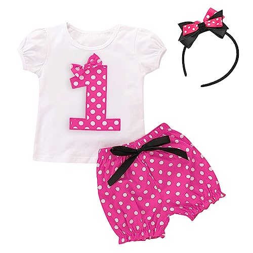 Baby Kleinkinder Mädchen 1. Erster Geburtstag Party Minnie Kostüm Outfit Retro Gepunktet Sommer Kurzarm Top T Shirt + Shorts Kurze Hosen + Ohr Stirnband 3tlg Bekleidungsset Rose 1. Geburtstag 12-18M von FYMNSI