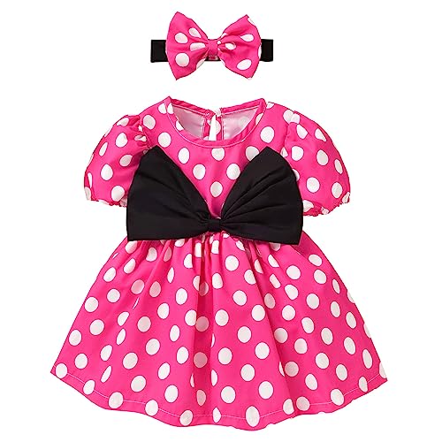 Baby M?dchen 1 Geburtstag Outfit Partykleid Taufkleid Festliches Festkleid Minnie Mouse Kost?m Halloween Verkleidung Kleinkinder 50er Rockabilly Gepunktet Bodykleid mit Stirnband Rose 6-12 Monate von FYMNSI