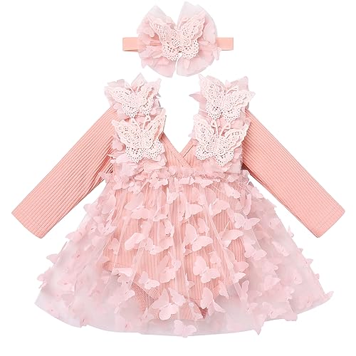 Baby M?dchen 1 Geburtstag Outfit Taufkleid Prinzessin T?llrock Langarm Bodykleid Kleinkinder Partykleid V-Ausschnitt Festkleid Herbstkleid Neugeborene Fotoshooting Rosa Schmetterling 18-24 Monate von FYMNSI