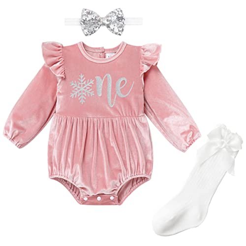 Baby M?dchen 1. Geburtstag Outfit Neugeborenes Samt Body Langarm Velvet Strampler Mit Stirnband Socken 3tlg Set Prinzessin Bodysuit Herbst Winter Kleidung Fotoshooting Kost?m Rosa Silber 6-12 Monate von FYMNSI