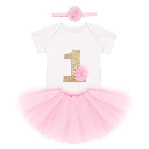 Baby Mädchen 1 Jahr Erster Geburtstag Outfit Baumwolle Kurzarm Strampler Body Prinzessin Tutu Tüll Rock Krone Stirnband Sommer Geburtstagskleid Fotoshooting Kostüm Rosa 9-12 Monate von FYMNSI