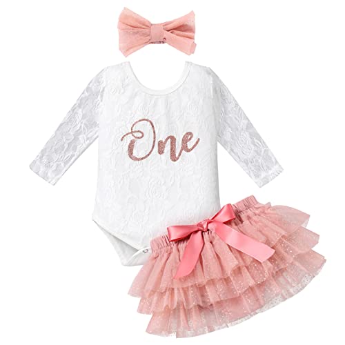 Baby Mädchen 1. Geburtstag Fotoshooting Outfit Spitze Langarm Body Strampler Tüll Tütü Rock Stirnband Prinzessin Partykleid Kleinkinder Es ist Mein Erster Geburtstag Bekleidungsset Rosa 9-12 Monate von FYMNSI