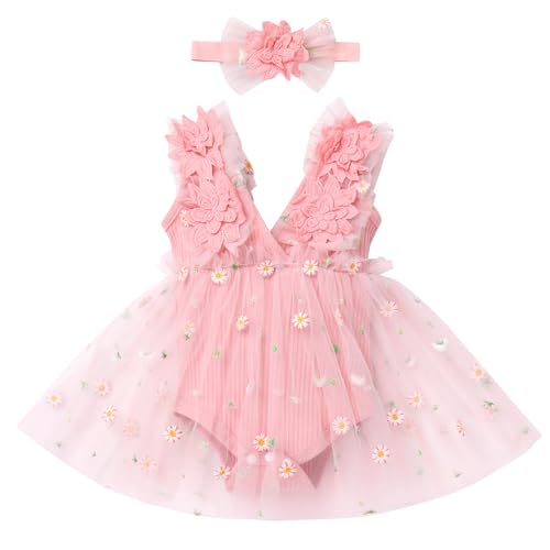 Baby Mädchen 1. Geburtstag Outfit Ärmellos Bodykleid Taufkleid Prinzessin Tüllrock mit Stirnband Strampler Kleinkinder Partykleid Festkleid Sommerkleid Neugeborene Fotoshooting Rosa Stickerei 0-6M von FYMNSI