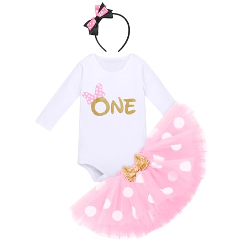 Baby Mädchen 1. Geburtstag Outfit Maus Kostüm Baumwolle Langarm Body Strampler Prinzessin Gepunktet Tütü Tüll Rock Stirnband 1 Jahr Party Herbst Winter Bekleidungsset Fotoshooting Rosa - One 1 Jahr von FYMNSI