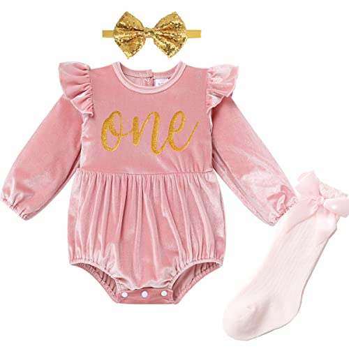 Baby Mädchen 1. Geburtstag Outfit Neugeborenes Samt Body Langarm Velvet Strampler Mit Stirnband Socken 3tlg Set Prinzessin Bodysuit Herbst Winter Kleidung Fotoshooting Kostüm Rosa Gold 12-18 Monate von FYMNSI