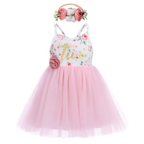 Baby Mädchen 2. Geburtstag Partykleid Kleinkinder Prinzessin Tütü Tüll Kleid Boho Blumenmuster Rückenfrei Ärmellos Sommerkleid mit Stirnband 2 Jahre Alt Festliches Festkleid Fotoshooting Rosa Two von FYMNSI