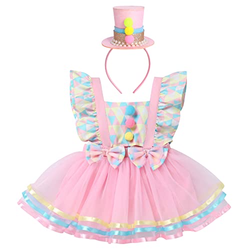 Baby Mädchen Clown Kostüm Halloween Karneval Fasching Kleider Party Cosplay 1. Geburtstag Partykleid Festliches Festkleid Kleinkinder Prinzessin Bodykleid Sommerkleid mit Stirnband Rosa + Bunt 0-6M von FYMNSI