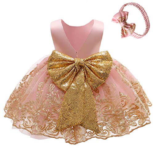 Baby Mädchen Geburtstag Partykleid Taufkleid Kleinkinder Rückenfrei Pailletten Schleife Stickerei Ärmellos Abendkleid Prinzessin Hochzeit Brautjungfer Formal Festkleid mit Stirnband Rosa 6-12 Monate von FYMNSI