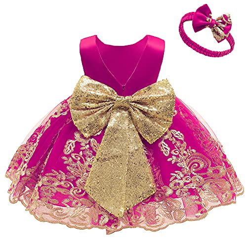 Baby Mädchen Geburtstag Partykleid Taufkleid Kleinkinder Rückenfrei Pailletten Schleife Stickerei Ärmellos Abendkleid Prinzessin Hochzeit Brautjungfer Formal Festkleid mit Stirnband Rose 1-2 Jahre von FYMNSI