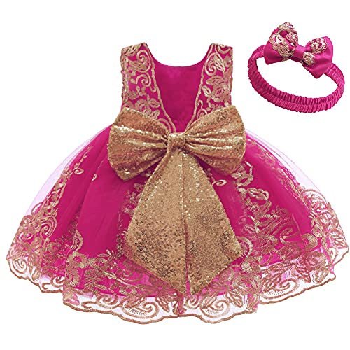 Baby Mädchen Geburtstag Partykleid Taufkleid Kleinkinder Rückenfrei Pailletten Schleife Stickerei Ärmellos Abendkleid Prinzessin Hochzeit Formal Festkleid mit Stirnband Rose + Spitze 4-5 Jahre von FYMNSI