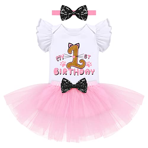 Baby Mädchen Katze 1. Geburtstag Outfit 1 Jahr Partykleid Baumwolle Kurzarm Strampler Body Prinzessin Tutu Tüll Rock Stirnband Fasching Fotoshooting Kostüm Sommer Bekleidungsset Rosa My 1st Birthday von FYMNSI