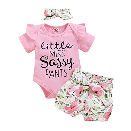 Baby Mädchen Sommer Outfit Kleinkinder Kurzarm Rüschen Body Strampler Shirt + Blumen Drucken Shorts Kurze Hose + Stirnband 3tlg Prinzessin Geburtstag Party Kleidung Freizeit Bekleidungsset Rosa 6-12M von FYMNSI