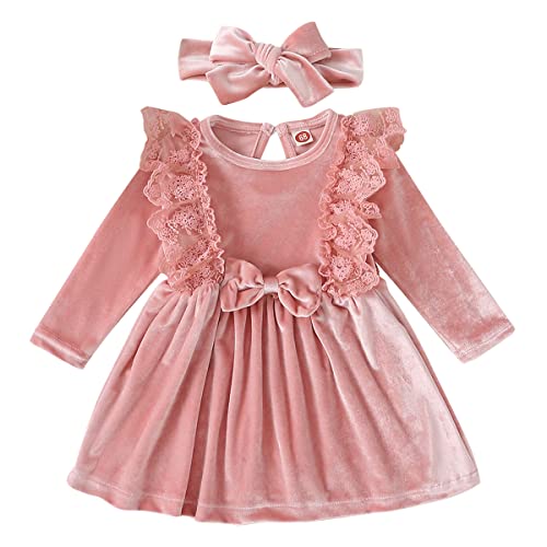 Baby Samtkleid Kleinkinder Mädchen Vintage Spitze A-Linie Prinzessin Abendkleid Weihnachtskleid Weihnachten Partykleid Festlich Festkleid mit Stirnband Set Hochzeit Herbst Winter Rosa 12-18 Monate von FYMNSI