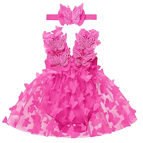 Baby Schmetterling Kleid 1 Geburtstag Mädchen Outfit Taufkleid Prinzessin Tüllrock mit Stirnband Ärmellos Bodykleid Kleinkind Partykleid Festkleid Bekleidungssets Neugeborene Fotoshooting Rose 18-24M von FYMNSI