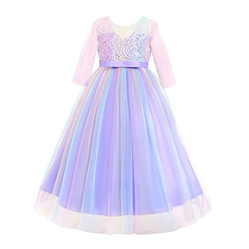 Blumenmädchen Kleid Kinder Hochzeit Brautjungfern Maxikleid 3/4 Arm Spitzen V-zurück Langes Abendkleid Prinzessin Partykleid Regenbogen Tüllkleid Festzug A-Linie Festkleid Violett + Bunt 9-10 Jahre von FYMNSI