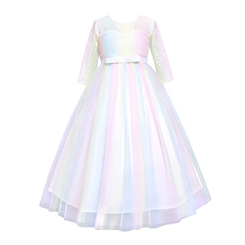 Blumenmädchen Kleid Kinder Hochzeit Brautjungfern Maxikleid 3/4 Arm Spitzen V-zurück Langes Abendkleid Prinzessin Partykleid Regenbogen Tüllkleid Kommunion A-Linie Festkleid Weiß + Bunt 7-8 Jahre von FYMNSI