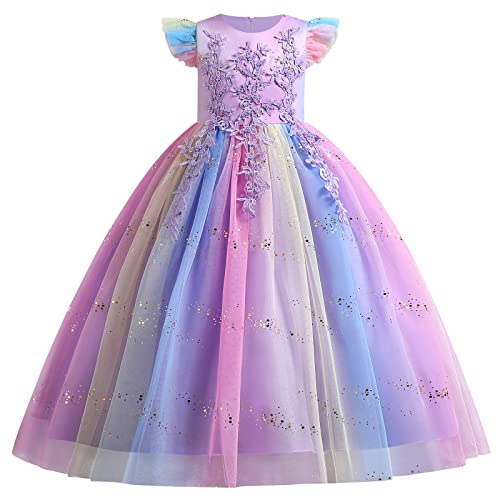 Blumenmädchen Kleid Kinder Mädchen Kommunion Langes Abendkleid Prinzessin Tüll Maxikleid Hochzeit Brautjungfer Abschlussball Ballkleid Festzug Geburtstag Partykleid Festkleid Bunt Violett 13-14 Jahre von FYMNSI