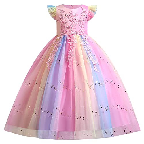 Blumenmädchen Kleid Kinder Mädchen Kommunionkleid Langes Abendkleid Prinzessin Tüll Maxikleid Hochzeit Brautjungfer Abschlussball Ballkleid Festzug Geburtstag Partykleid Festkleid Bunt Rosa 11-12J von FYMNSI