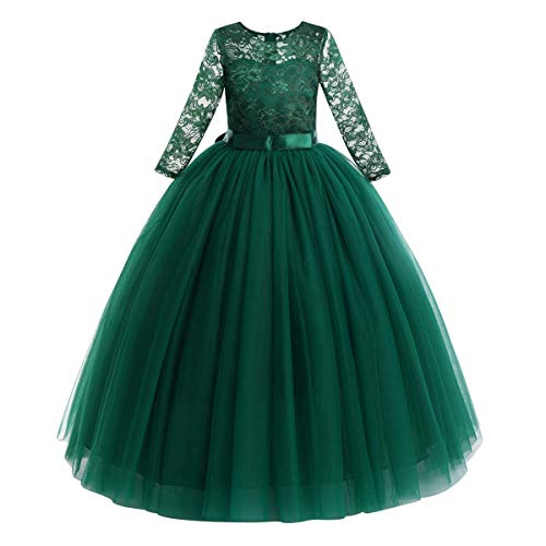 Blumenmädchen Kleid Kinder Mädchen Langes Abendkleid Festlich Hochzeit Brautjungfern Partykleid Tütü Tüll Prinzessin Spitzenkleid 3/4 Arm Festzug Cocktail Erstkommunion Ballkleid Grün 9-10 Jahre von FYMNSI