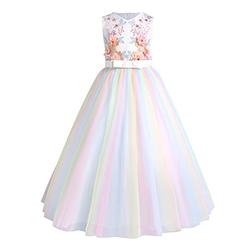 Blumenmädchen Kleid Kinder Mädchen Langes Abendkleider Blumen Stickerei Ärmellos Festlich Hochzeit Brautjungfern Geburtstag Partykleid Tütü Tüll Prinzessin Kommunion Ballkleid Weiß + Bunt 13-14 Jahre von FYMNSI