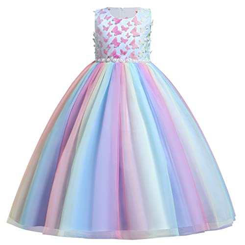 Blumenmädchen Kleid Kinder Mädchen Langes Abendkleider Schmetterling Ärmellos Festlich Hochzeit Brautjungfern Geburtstag Partykleid Regenbogen Tüll Prinzessin Kommunion Ballkleid Blau Bunt 7-8 Jahre von FYMNSI