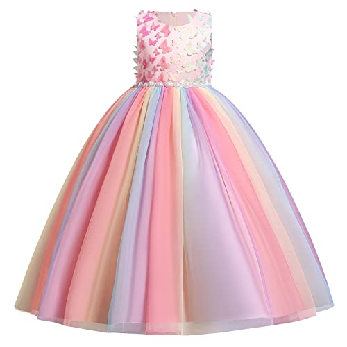 Blumenmädchen Kleid Kinder Mädchen Langes Abendkleider Schmetterling Ärmellos Festlich Hochzeit Brautjungfern Geburtstag Partykleid Regenbogen Tüll Prinzessin Kommunion Ballkleid Rosa Bunt 9-10 Jahre von FYMNSI