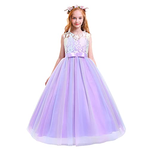 Blumenmädchen Kleid Kinder Prinzessin Lang Abendkleid Mädchen Ärmellos Spitze Regenbogen Tüllkleid Geburtstagskleid Formal Partykleid Festkleid Ballkleid Hochzeit Brautjungfer Maxikleid Violett 11-12J von FYMNSI