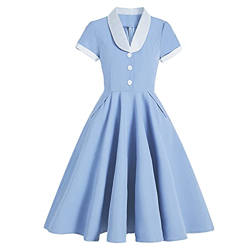 Damen 1950er Vintage Rockabilly Kleid Retro Hepburn Stil Schwingen Pin Up Faltenrock Knopf Petticoat Kleider mit Tasche Kurzarm Partykleid Cocktail A-Linie Ballkleid Abendkleid Hellblau + Weiß M von FYMNSI