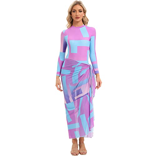 Damen Burkini Muslim Muslimischer Badeanzug Einteiler Langarm Monokini Rock Hose mit Sarongs Bescheidene Bademode Ganzkörper Islamischen Badebekleidung Modest Beachwear Frauen Tankini Hellblau L von FYMNSI