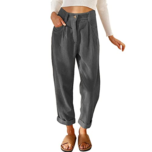 Damen Cordhose L?ssig Cord Hosen F?r Frauen Hohe Taille Lange Gerade Bein Baggy Hosen Mit Taschen B?ro Arbeit Casual Knopfleiste Rei?verschluss Einfarbig Lockere Vintage Freizeithose Dunkelgrau L von FYMNSI