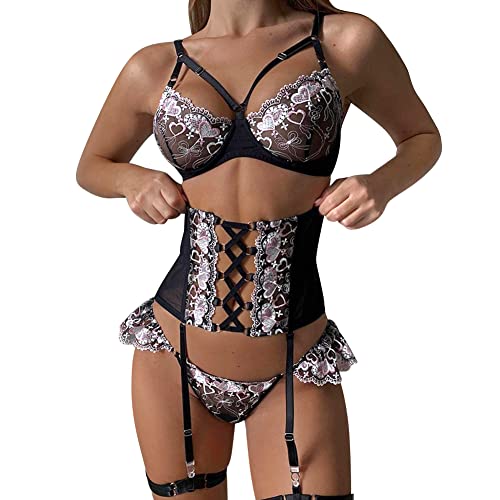 Damen Dessous Set Sexy Babydoll Reizwäsche Halfter Unterwäsche Weich Strapse Push Up Spitze BH Slip G String Corsage mit Strumpfhalter Frauen Erotische Lingerie Nachtwäsche Negligee Schwarz + Rosa L von FYMNSI