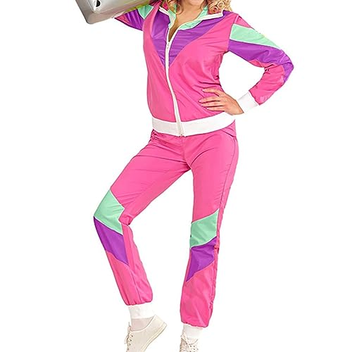 Damen Herren 80er 90er Jahre Outfit Trainingsanzug Retro Jogginganzug Faschingskost?m Bad Taste Outfit Disco Halloween Mottoparty Karneval Cosplay Streatwear Bunt Sportanzug Assianzug Rose +Violett S von FYMNSI