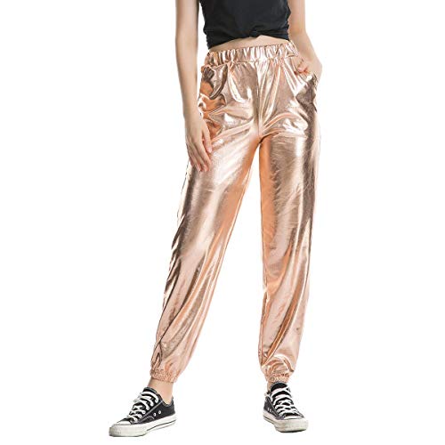 Damen Metallic Glänzed Hose Elastischer Bund Sporthose Locker Freizeit Casual Lang Hose Sweathose Jogginghose Leggins Einfarbig Wet Look Stretch Leggings Tanzhosen Party Disco Clubwear Rose Gold M von FYMNSI