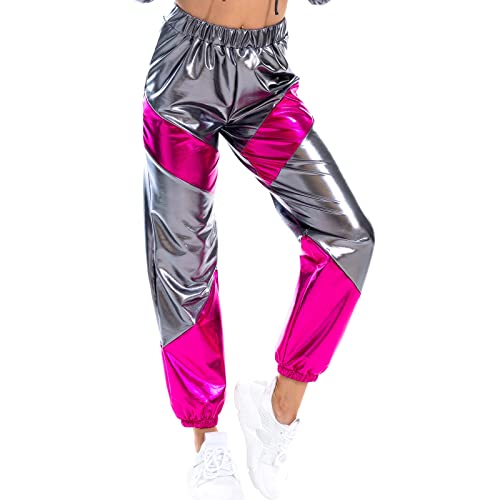 Damen Metallic Glänzed Hose Elastischer Sporthose Locker Holographische Sweathose Jogginghose Hologram Laser Baggyhose Disco Clubwear Hip Hop Punk Hosen Jogger Sweatpants Streetwear Grau + Rose M von FYMNSI