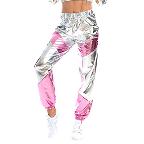 Damen Metallic Glänzed Hose Elastischer Sporthose Locker Holographische Sweathose Jogginghose Hologram Laser Baggyhose Disco Clubwear Hip Hop Punk Hosen Jogger Sweatpants Streetwear Silber + Rosa M von FYMNSI